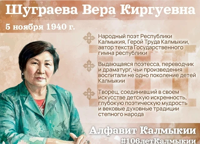 Шуграева Вера Киргуевна &ndash; Народный поэт Республики Калмыкия, выдающаяся поэтесса, переводчик, драматург и автор текста Государственного гимна нашей республики